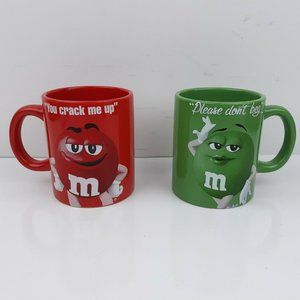 M & M 2016 Collectible Mugs Red "You crack me up" Green "Please don't beg"
